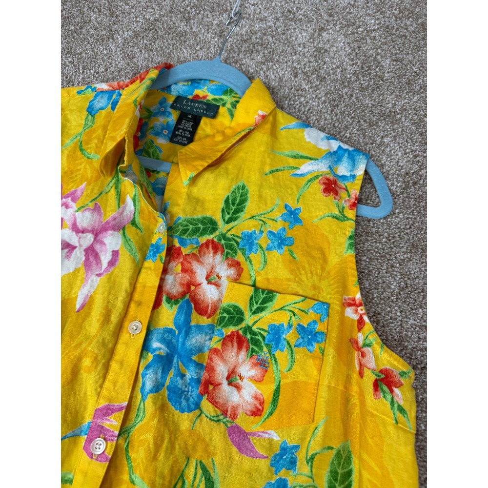 Lauren Ralph Lauren Yellow Linen Tropical Floral Tie Front Sleeveless Top XL - Picture 7 of 11